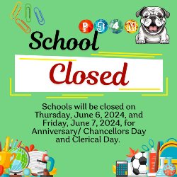 English Version- School closed with green background and school supplies. 