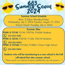 English Version- Sun wearing glasses with text about summer program.